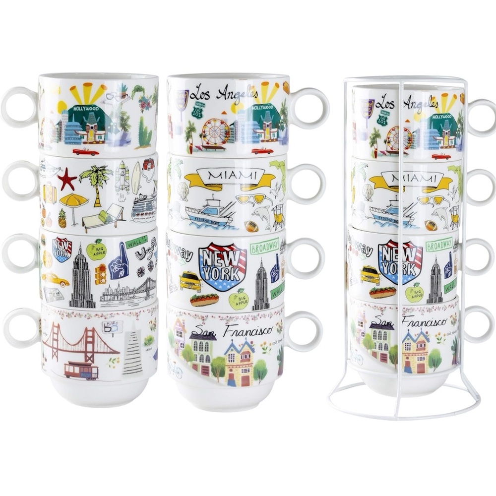 Gracie Stackable 4-Piece Porcelain Coffee Mug Set..
